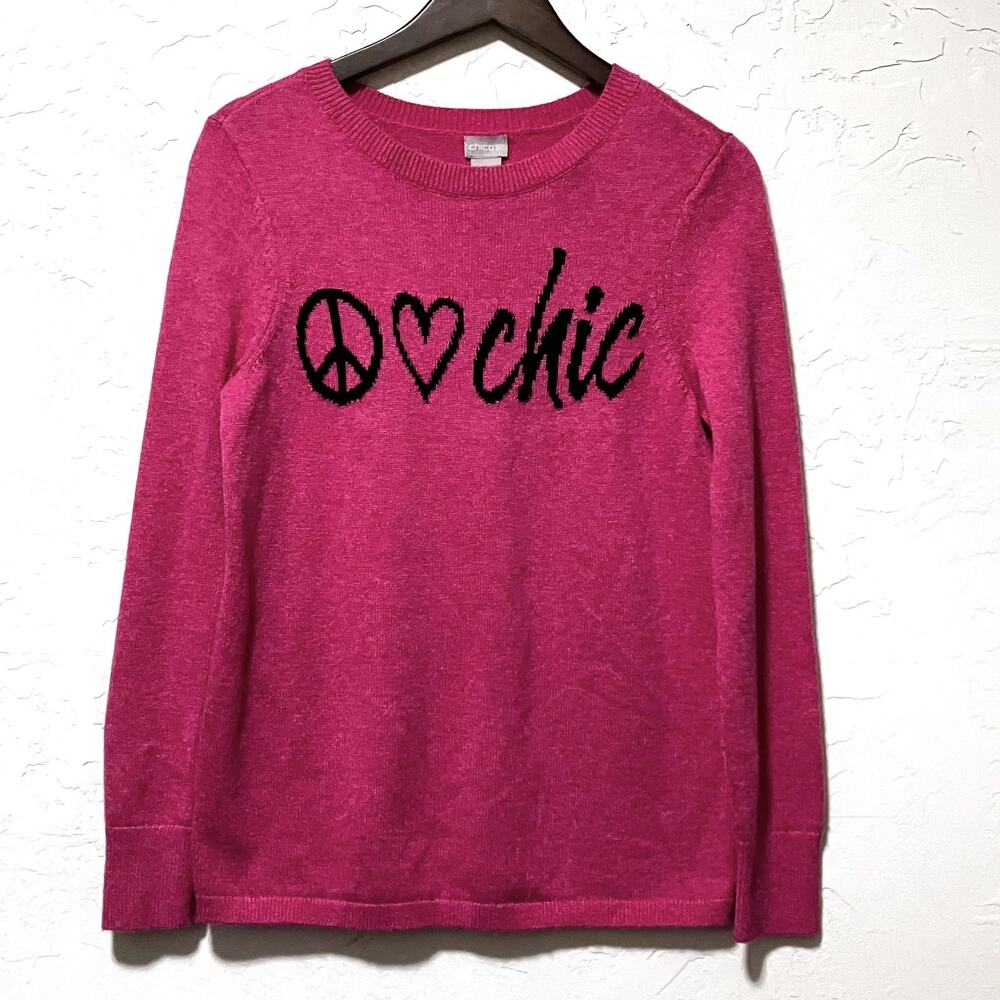 Chico's Pink Wool/Cashmere Blend Peace Love Chic Crew Neck Sweater Sz 0 Small